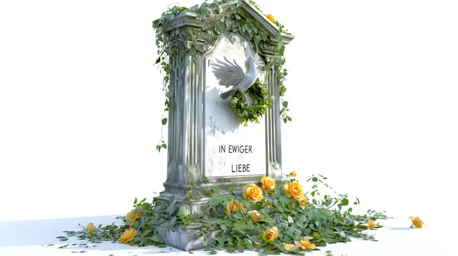 Friedhofskunstwerk mit weißer Taube und Rosen