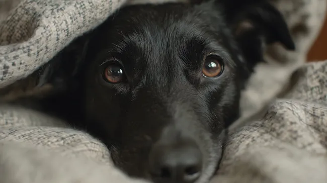 Friedlicher Hund unter weicher Decke