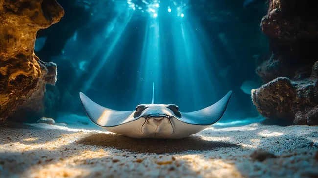 Friedlicher Rochen in faszinierend beleuchteter Unterwasserwelt