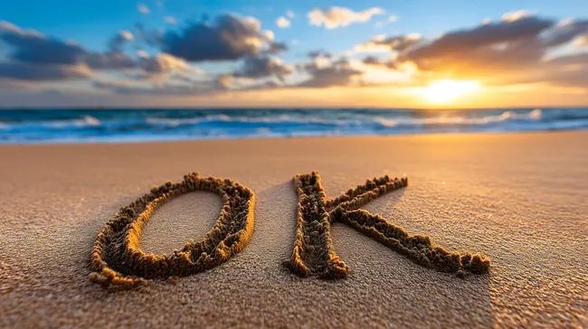 Friedlicher Sonnenuntergang am Ozean mit OK-Symbol