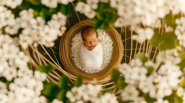 Friedliches Neugeborenes in Blumenpracht