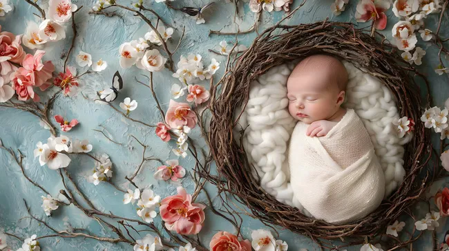 Friedliches Neugeborenes in blumiger Nestwiege