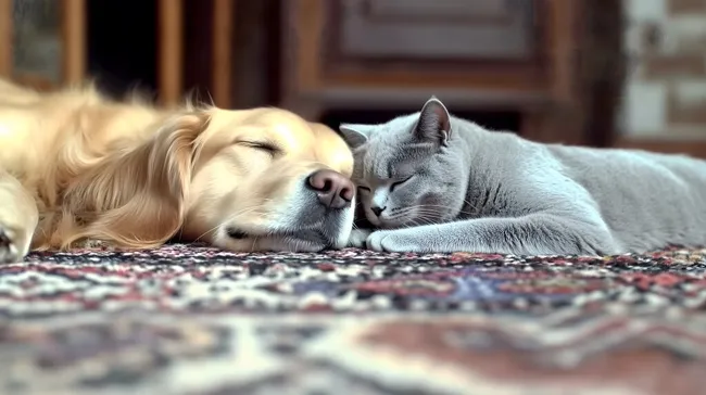 Friedliches Zusammenleben von Hund und Katze auf Teppich