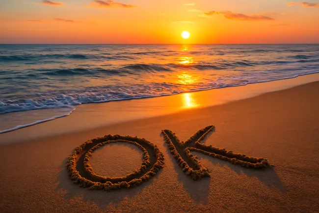 Friedvoller Sonnenuntergang am Ozean mit 'OK' in Sand geschrieben