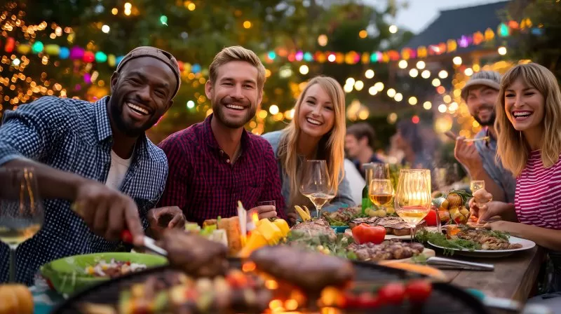 Friends enjoying BBQ party with festive lights in the garden