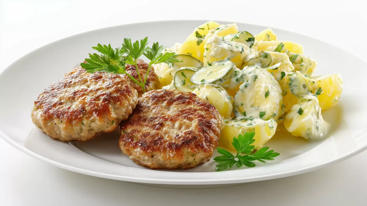 Frikadellen mit Kartoffelsalat auf weißem Teller