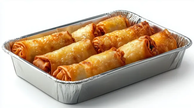 Frisch angerichtete knusprige Frühlingsrollen in Aluschale