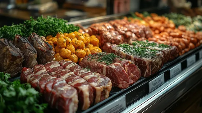 Frisch aufbereitete Premium-Fleischauswahl in Vitrine