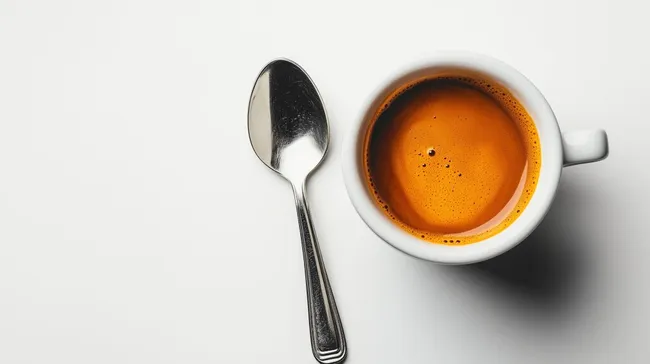 Frisch aufgebrühter Kaffee mit Löffel auf weißem Hintergrund