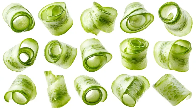 Frisch aufgerollte Gurkenscheiben auf weißem Hintergrund