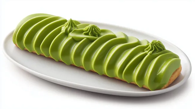 Frisch aufgeschnittener grüner Matcha-Éclair auf Servierplatte
