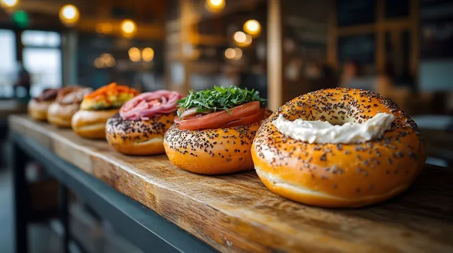 Frisch belegte Bagels auf rustikalem Holztisch