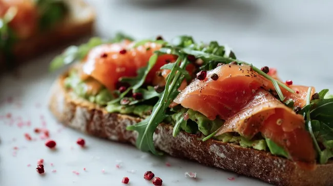 Frisch belegtes Avocado-Brot mit Lachs und Rucola