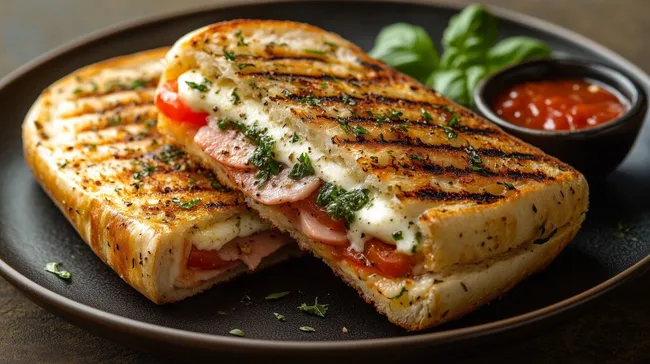 Frisch belegtes Panini-Sandwich mit Tomaten und Mozzarella