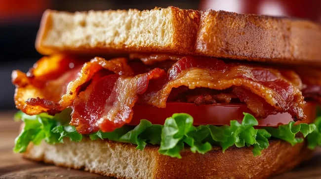 Frisch belegtes Speck-Salat-Sandwich auf hölzerner Oberfläche