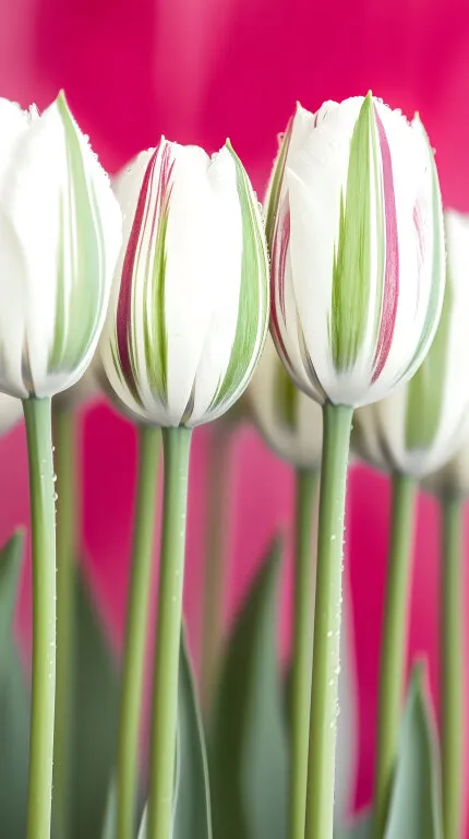 Frisch blühende weiße Tulpen auf rosa Hintergrund