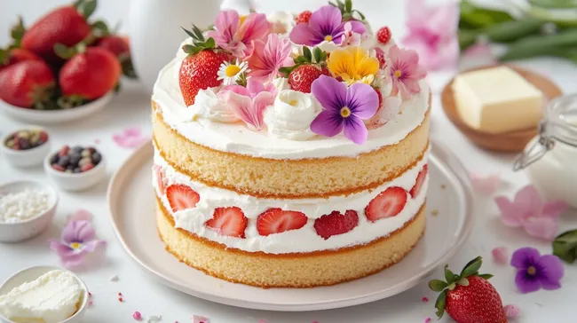 Frisch dekorierter Hochzeitstorte mit Erdbeeren und Blüten