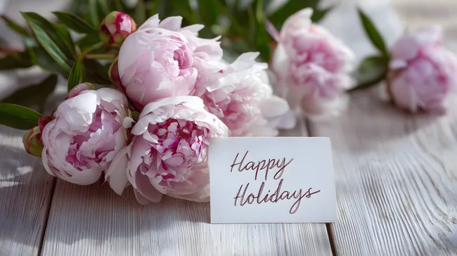 Frisch duftende Pfingstrosen mit Feiertagskarte