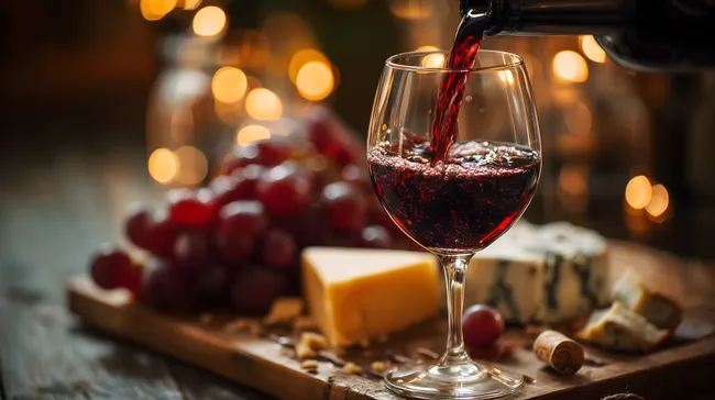 Frisch eingeschenkter Rotwein mit Käseplatte