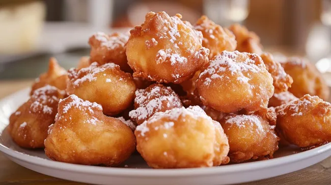 Frisch frittierte Donuts mit Puderzucker