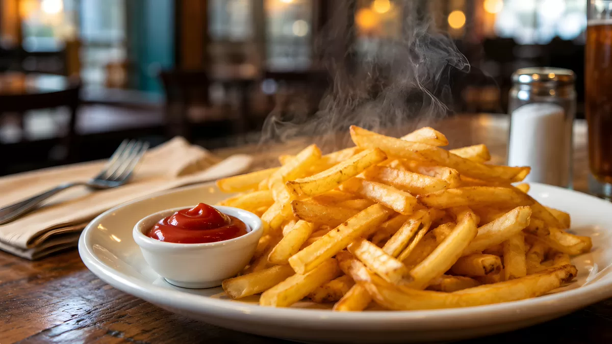 Frisch frittierte Pommes frites mit Ketchup im Restaurant