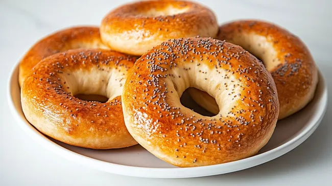Frisch gebackene Bagel mit Sesamsamen auf weißem Teller