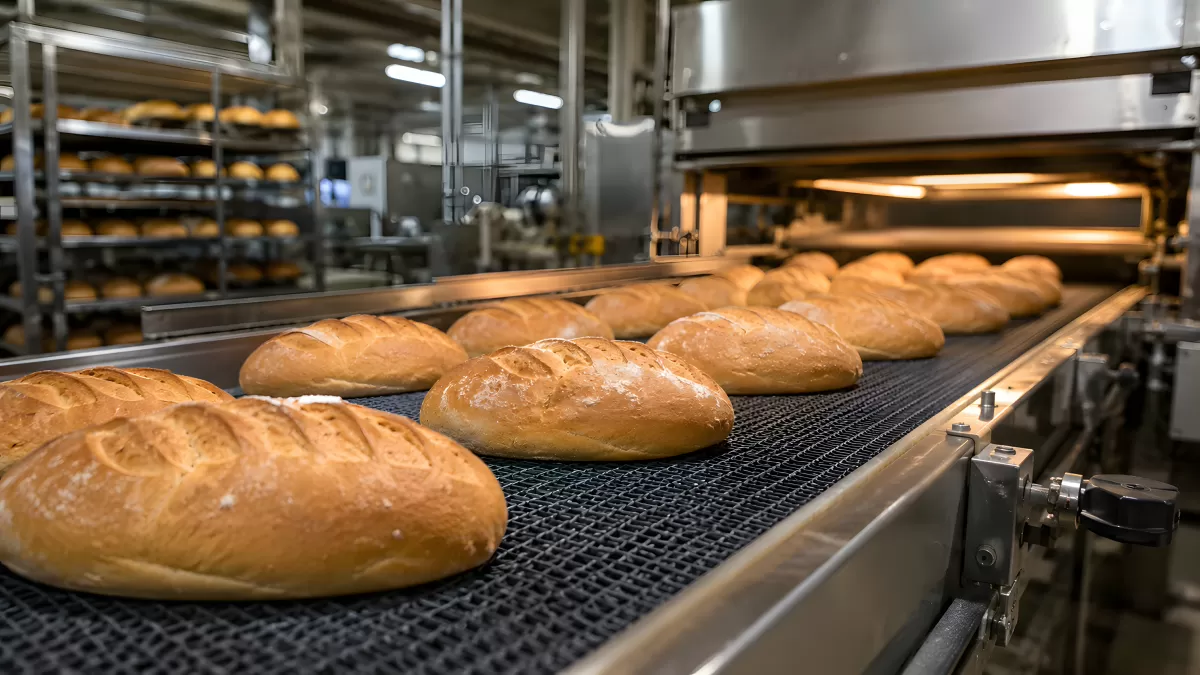 Frisch gebackene Brote auf Förderband in Bäckerei