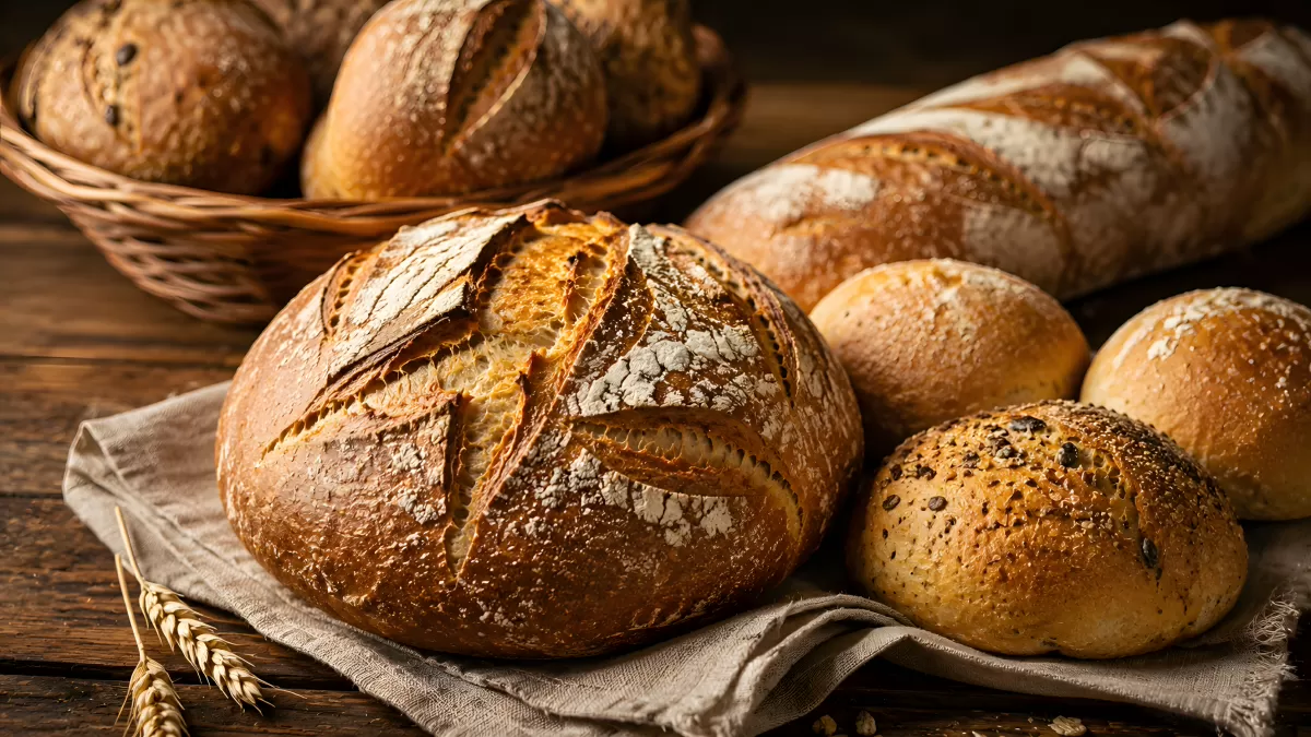 Frisch gebackene Brotlaibe auf rustikalem Holztisch