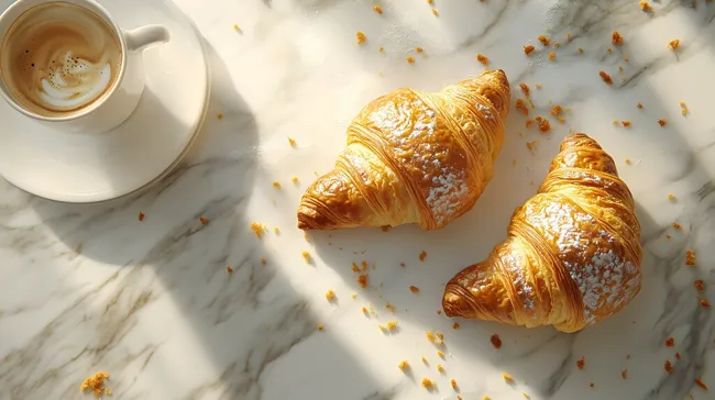 Frisch gebackene Croissants mit Kaffee auf Marmortisch
