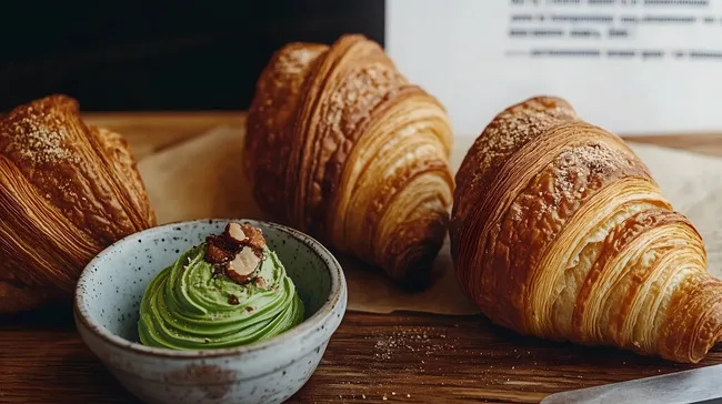 Frisch gebackene Croissants mit Pistaziencreme auf Holztisch