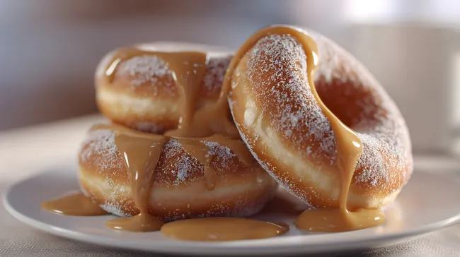 Frisch gebackene Donuts mit zerlaufendem Karamell