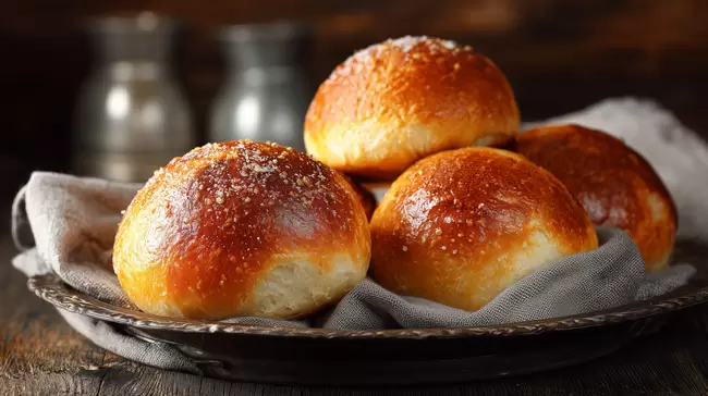 Frisch gebackene goldene Brötchen auf dunklem Hintergrund