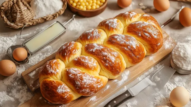 Frisch gebackene Hefezöpfe mit Puderzucker in rustikaler Küche