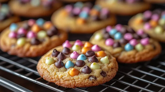 Frisch gebackene Kekse mit bunten Schokoladenstückchen