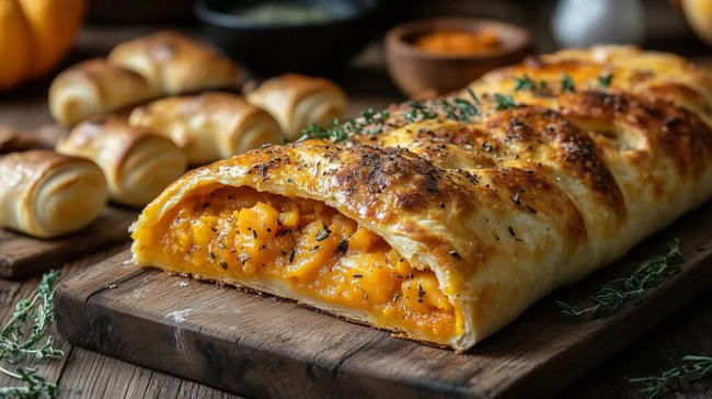 Frisch gebackene Kürbis-Calzone mit aromatischer Füllung