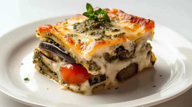 Frisch gebackene Lasagne mit Pesto und gegrilltem Gemüse