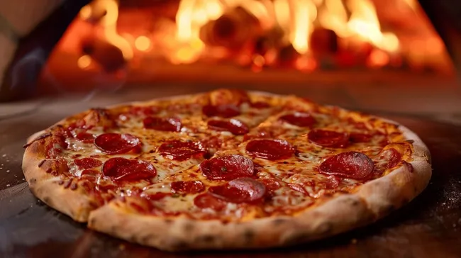 Frisch gebackene Pepperoni-Pizza aus dem Holzofen