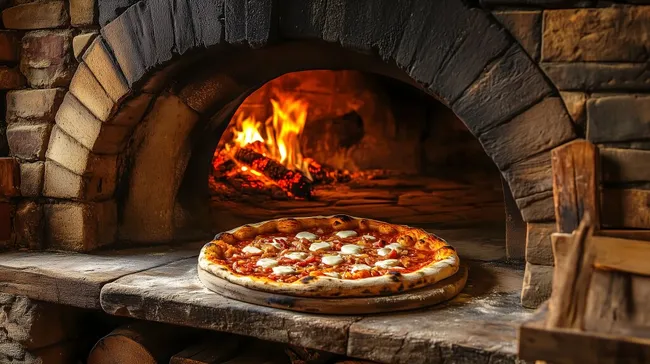 Frisch gebackene Pizza im Holzofen