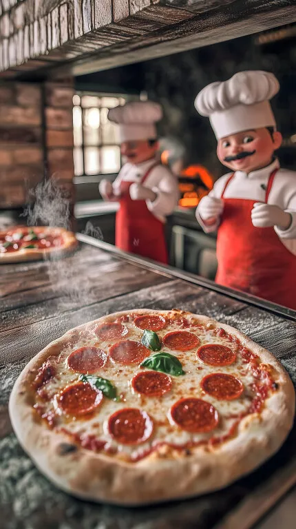 Frisch gebackene Pizza mit Peperoni im rustikalen Pizzaofen