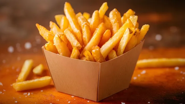 Frisch gebackene Pommes frites in rustikaler Pappschachtel