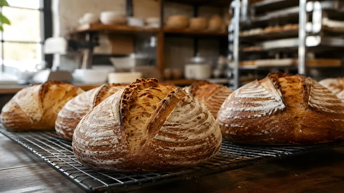 Frisch gebackene Sauerteigbrote auf Abkühlgitter