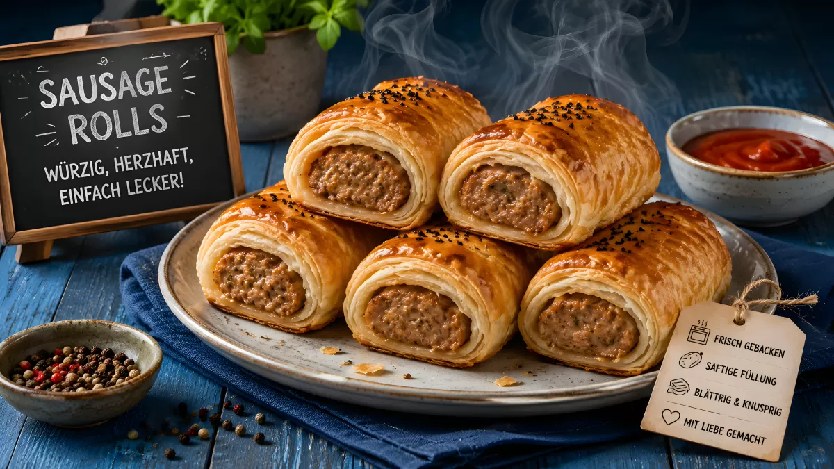 Frisch gebackene Sausage Rolls auf rustikalem Teller