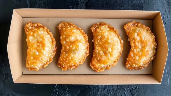 Frisch gebackene Teigtaschen in Holzbox