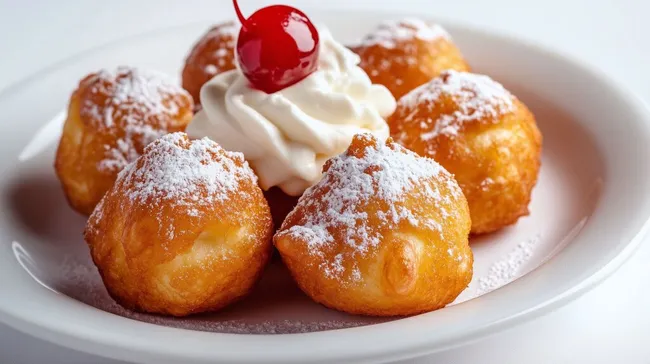Frisch gebackene Zeppole mit Puderzucker und Sahne