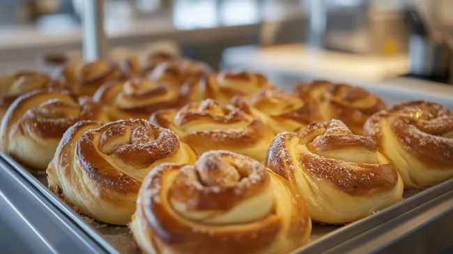 Frisch gebackene Zimtschnecken auf einem Backblech