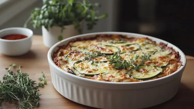 Frisch gebackene Zucchini-Lasagne in rustikaler Form