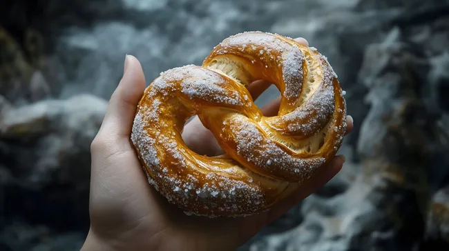 Frisch gebackene, zuckrige deutsche Brezel in Hand gehalten