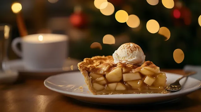 Frisch gebackener Apfelkuchen mit Zimt und Vanilleeis