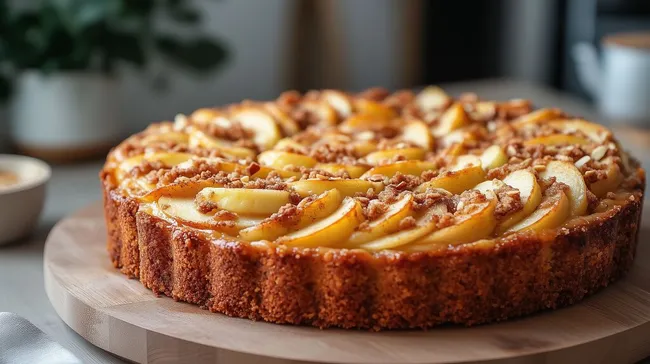 Frisch gebackener Apfelstreuselkuchen auf Holzbrett