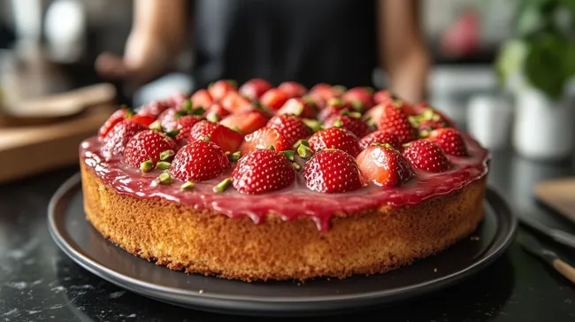 Frisch gebackener Erdbeerkuchen mit glänzender Glasur